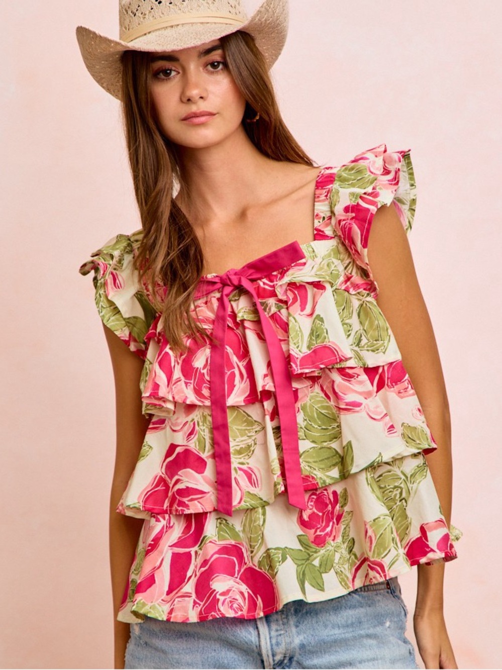 ♥️Hello Gorgeous! BiBi Floral Print Woven Bow Tie Ruffle Square Neck Top